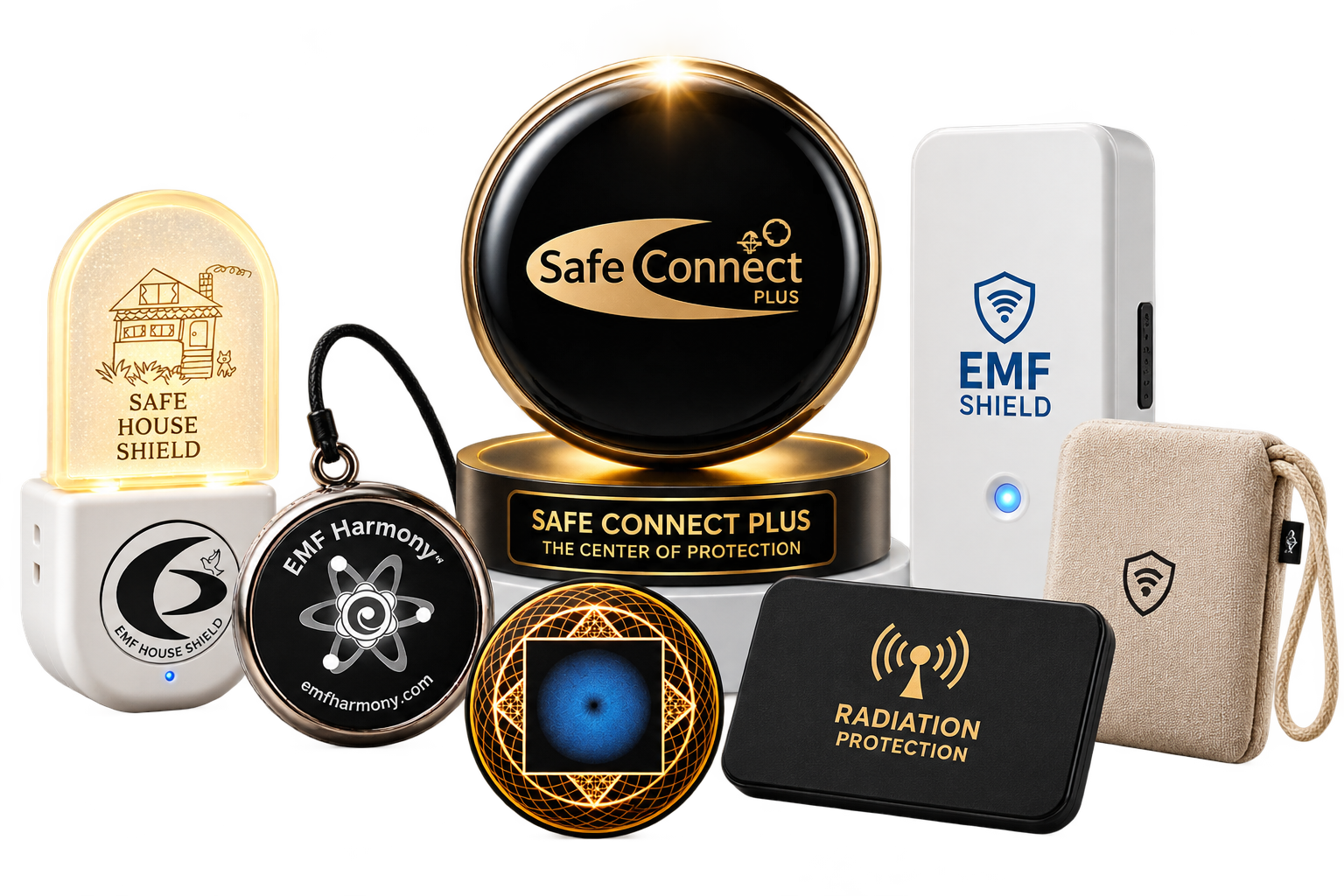 EMF protection products: Safe Connect pendant, EMF Shield device, radiation protection unit, and shielding pouch