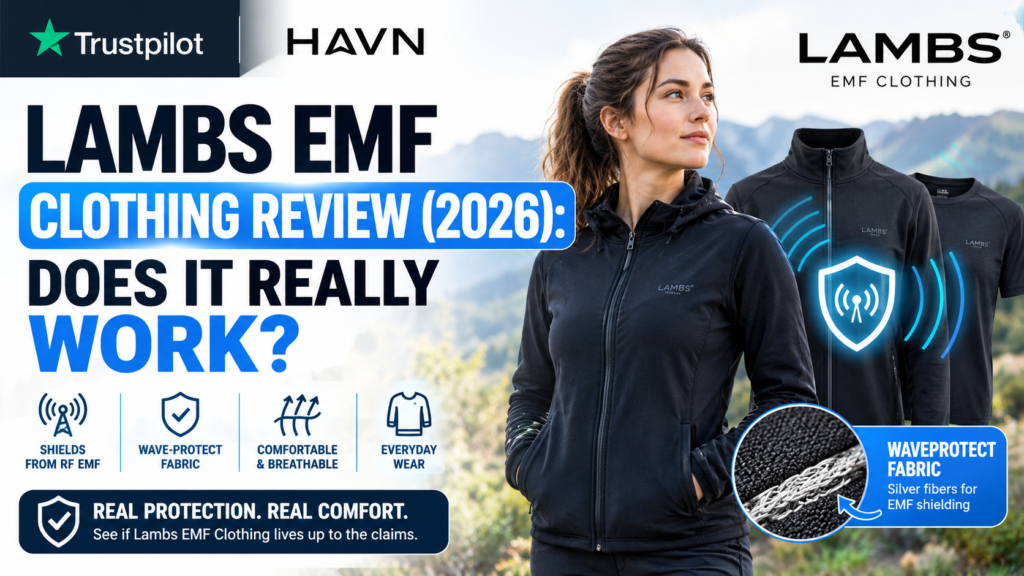 A promotional review graphic for Lambs EMF Clothing featuring a woman wearing a black zip-up hoodie in an outdoor mountain setting. Bold text reads "LAMBS EMF CLOTHING REVIEW (2026): DOES IT REALLY WORK?". Logos for Trustpilot, HAVN, and Lambs are displayed across the top. Icons at the bottom highlight features such as RF EMF shielding and breathable fabric, alongside a circular inset showing silver fibers in the WaveProtect Fabric.