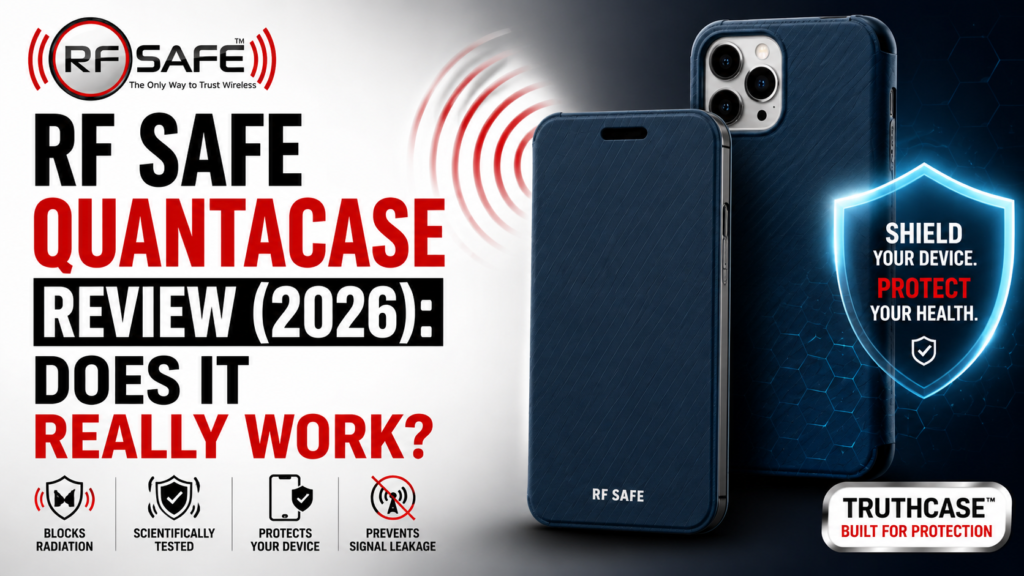 RF Safe Quantacase review (2026) graphic featuring two dark blue smartphone cases and claims of radiation blocking, scientific testing, device protection, and prevention of signal leakage.