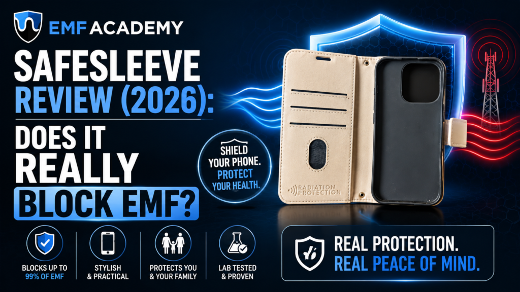 A promotional review graphic for SafeSleeve phone cases by EMF Academy featuring an open beige leather wallet case. Bold text asks "SAFESLEEVE REVIEW (2026): DOES IT REALLY BLOCK EMF?". The visual shows a glowing blue shield repelling red radiation waves from a cell tower, along with feature icons for EMF reduction, practical design, family safety, and lab testing.