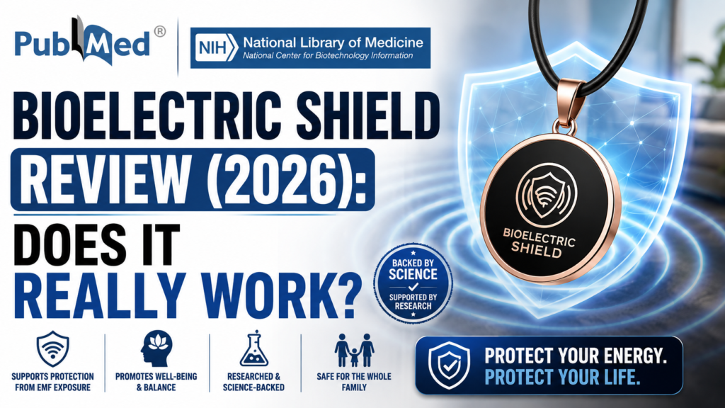 A promotional graphic review for the Bioelectric Shield pendant featuring logos for PubMed and the NIH. On the left, bold text asks "BIOELECTRIC SHIELD REVIEW (2026): DOES IT REALLY WORK?". Icons along the bottom highlight features like EMF protection, well-being, and family safety. On the right, a round rose-gold and black pendant hangs inside a glowing blue energy shield graphic.