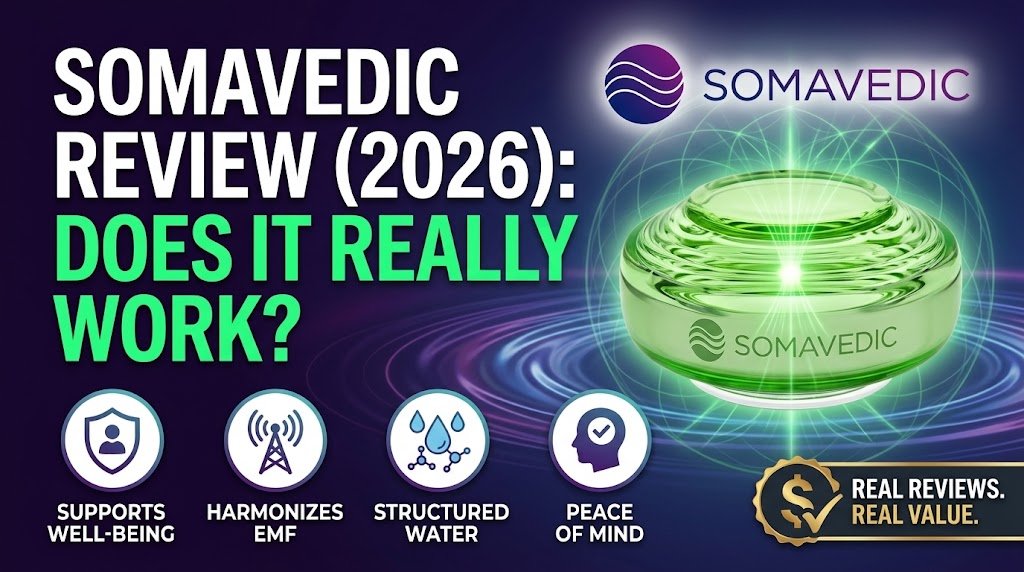 A promotional review graphic for Somavedic featuring a glowing green glass device emitting light waves on the right. On the left, bold white and green text asks "SOMAVEDIC REVIEW (2026): DOES IT REALLY WORK?". The top right displays the purple Somavedic logo, while the bottom includes feature icons for well-being support, EMF harmonization, water structuring, and peace of mind.