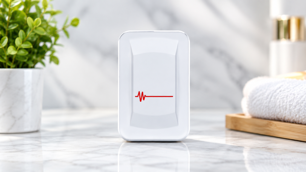 White emergency alert device with a red heartbeat symbol on a marble surface