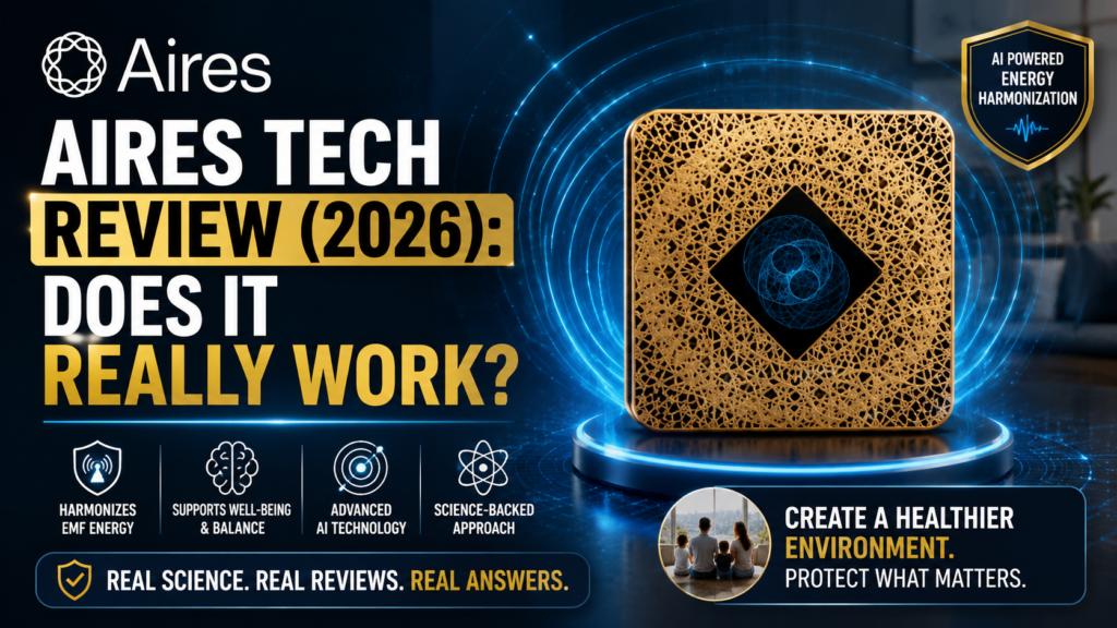 A promotional review graphic for Aires Tech featuring a square, gold lattice-patterned device emitting blue glowing energy rings on a circular pedestal. On the left, bold text reads "AIRES TECH REVIEW (2026): DOES IT REALLY WORK?". Icons along the bottom highlight features like EMF harmonization, well-being support, and AI technology, alongside a gold badge in the top right reading "AI POWERED ENERGY HARMONIZATION."