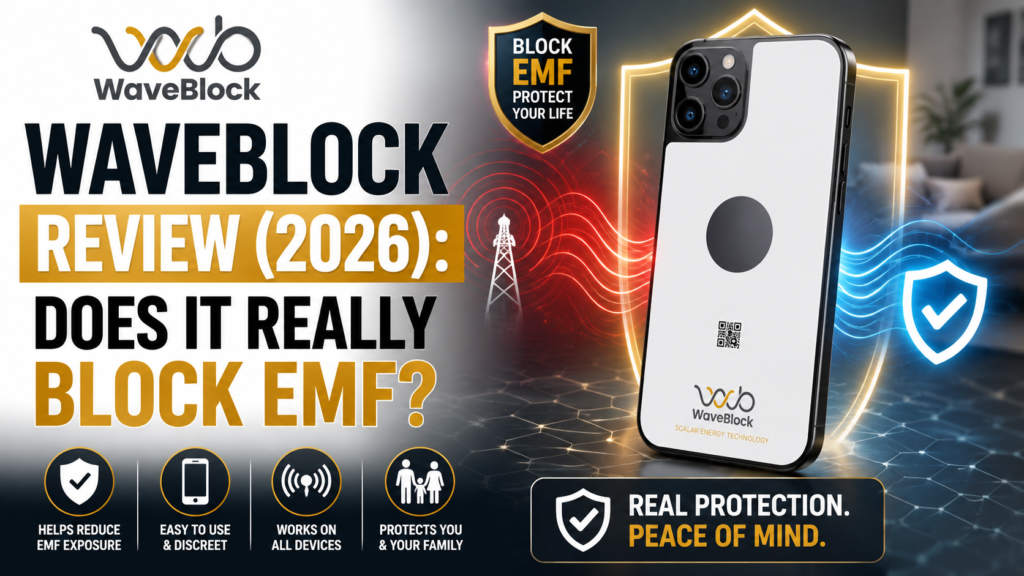 A promotional review graphic for WaveBlock EMF protection featuring a smartphone with a white back sticker and dark central circle. Large bold text asks "WAVEBLOCK REVIEW (2026): DOES IT REALLY BLOCK EMF?". The graphic illustrates red radiation waves from a signal tower blocked by a glowing gold shield around the phone, turning into harmless blue waves.