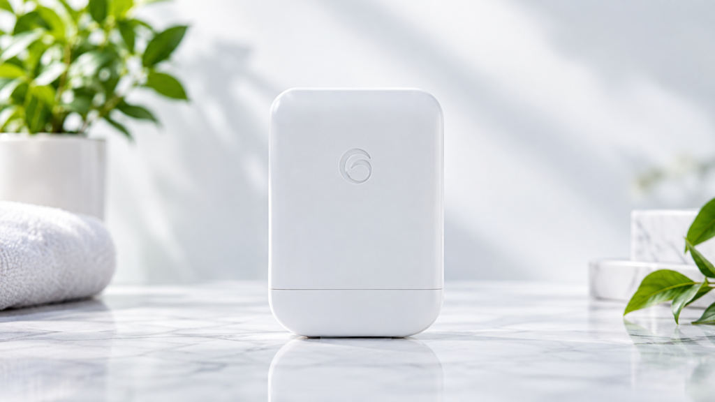 Minimal white rounded rectangular device on a marble surface