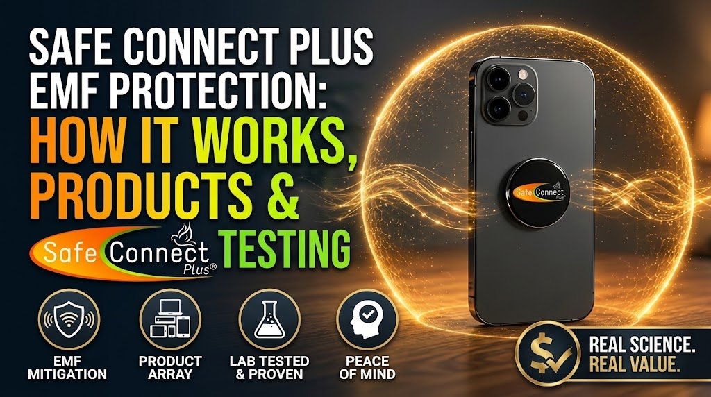 A promotional review graphic for Safe Connect Plus EMF Protection featuring a smartphone standing upright with a round black Safe Connect Plus shield sticker attached to its back. The phone is surrounded by a glowing gold energy sphere. On the left, bold text reads "SAFE CONNECT PLUS EMF PROTECTION: HOW IT WORKS, PRODUCTS & TESTING" alongside feature icons for EMF mitigation, product array, lab testing, and peace of mind.