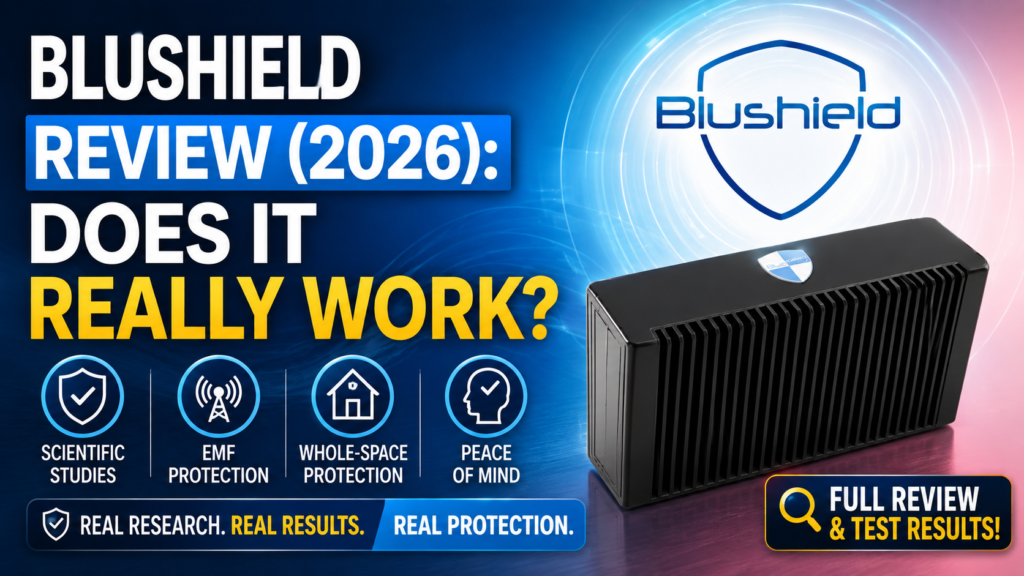 A promotional review graphic for Blushield EMF protection displaying bold text asking "BLUSHIELD REVIEW (2026): DOES IT REALLY WORK?". The graphic showcases a black rectangular Blushield device with cooling fins next to a glowing blue shield logo. Four circular icons along the bottom highlight features including scientific studies, EMF protection, whole-space coverage, and peace of mind.