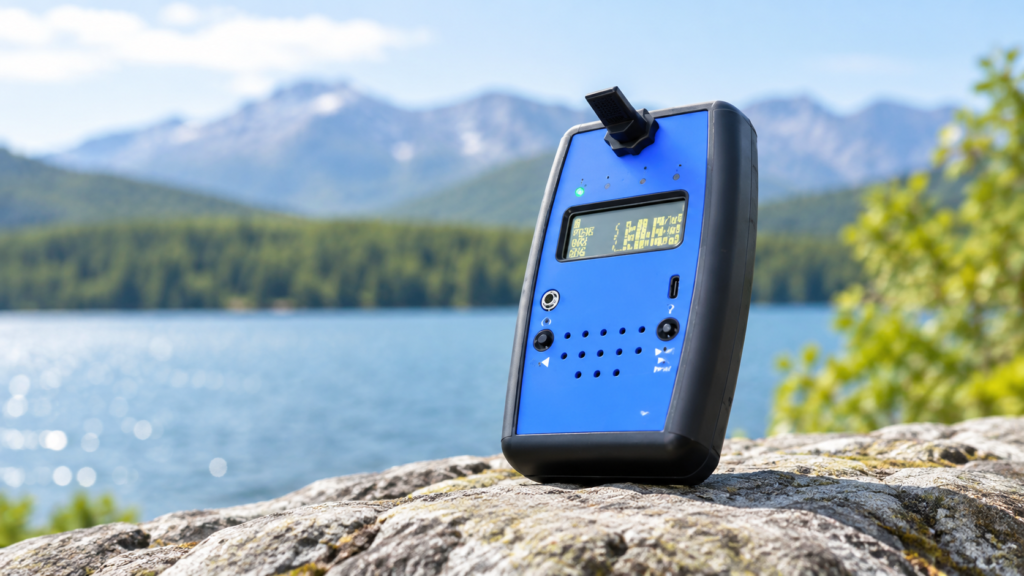 Blue and black sound level meter with digital display outdoors on a rock