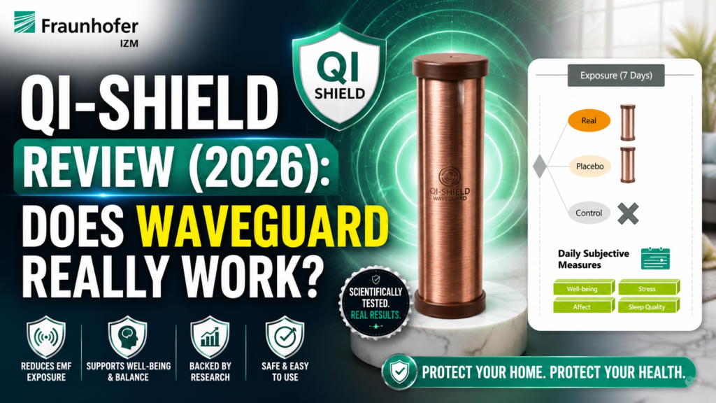 QI-Shield WaveGuard review 2026 graphic featuring a copper cylindrical device, EMF protection claims, and a seven-day exposure chart comparing real, placebo, and control groups.