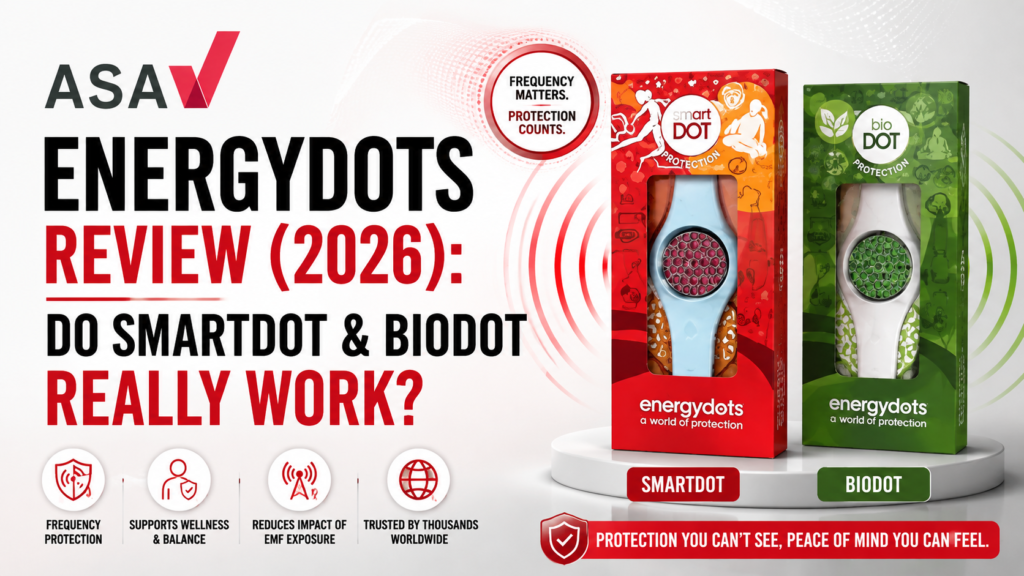 ASAV EnergyDots Review 2026 graphic featuring SmartDot and BioDot products marketed for frequency protection and reduced EMF exposure.