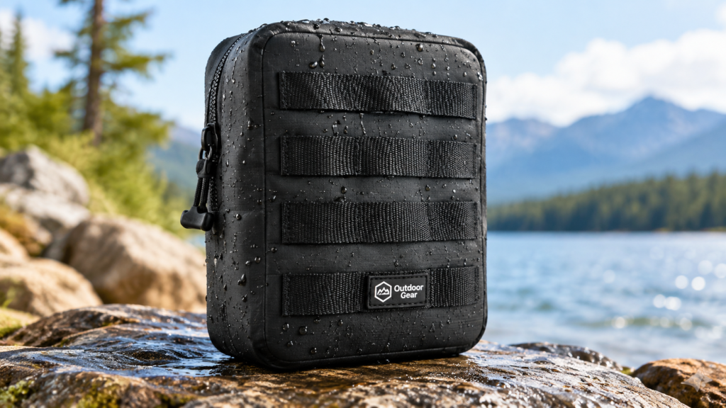 Black waterproof tactical pouch with webbing on a wet rock beside a lake