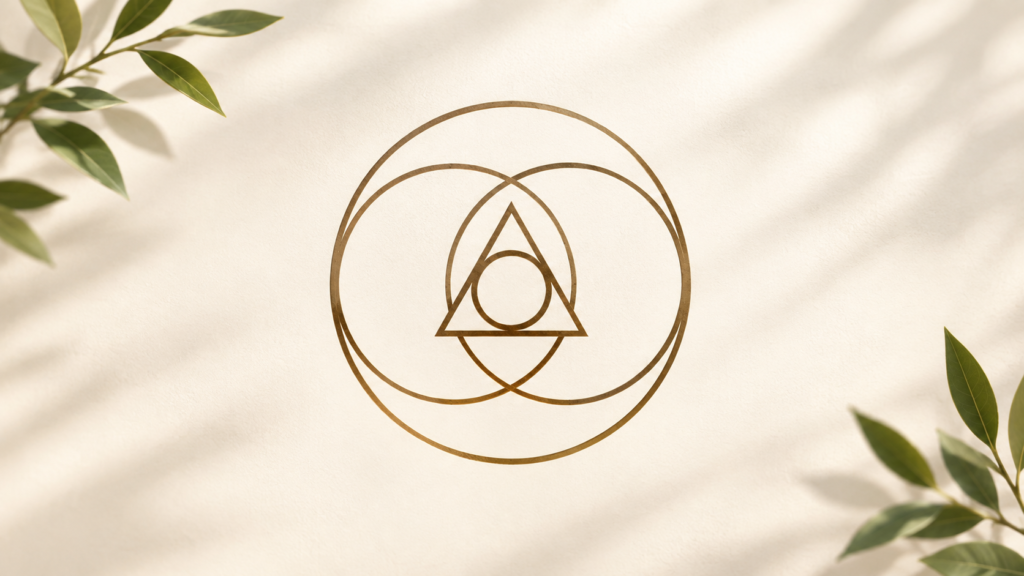 Sacred geometry symbol with overlapping circles and triangle on a warm cream background
