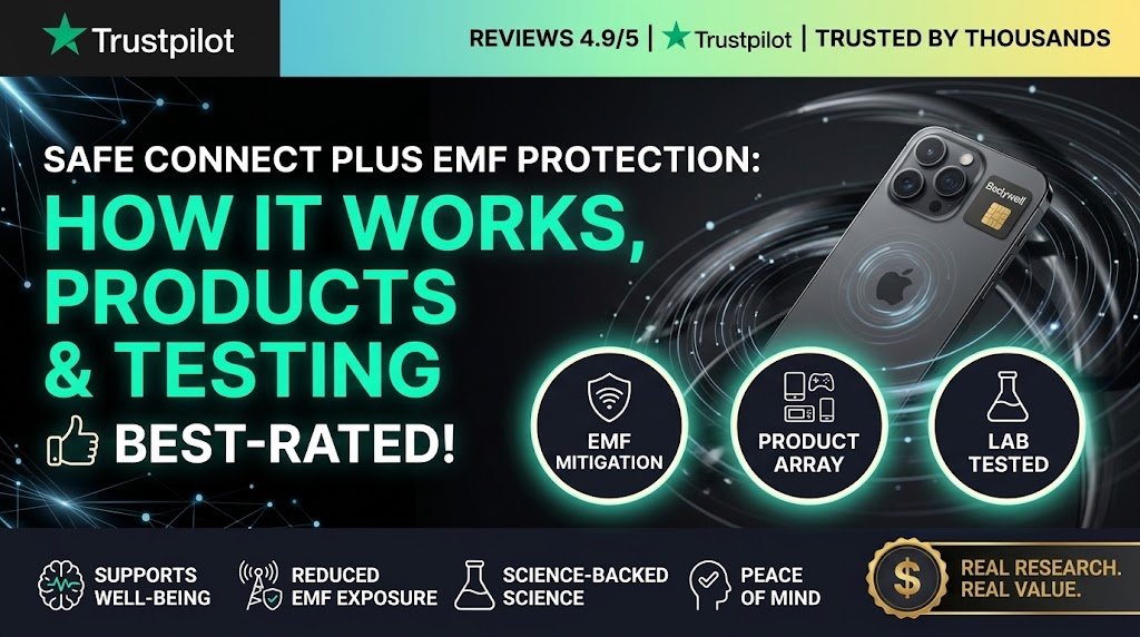 A promotional review thumbnail image for Safe Connect Plus EMF Protection. The left side features bold white and bright teal text reading "SAFE CONNECT PLUS EMF PROTECTION: HOW IT WORKS, PRODUCTS & TESTING BEST-RATED!". A top banner highlights "Trustpilot REVIEWS 4.9/5 | TRUSTED BY THOUSANDS". The right side shows a smartphone with an EMF shield chip on its back surrounded by glowing energy rings, along with feature icons for EMF mitigation, product array, lab testing, and peace of mind.