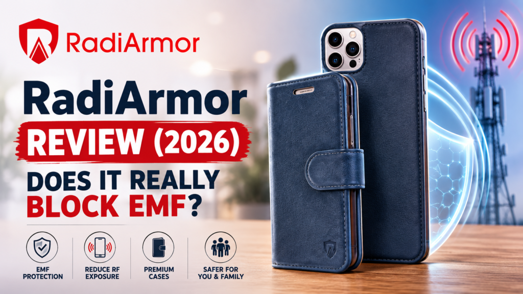 RadiArmor Review 2026 graphic showing RadiArmor phone cases with an illustration of a cell tower and text asking whether the cases really block EMF.